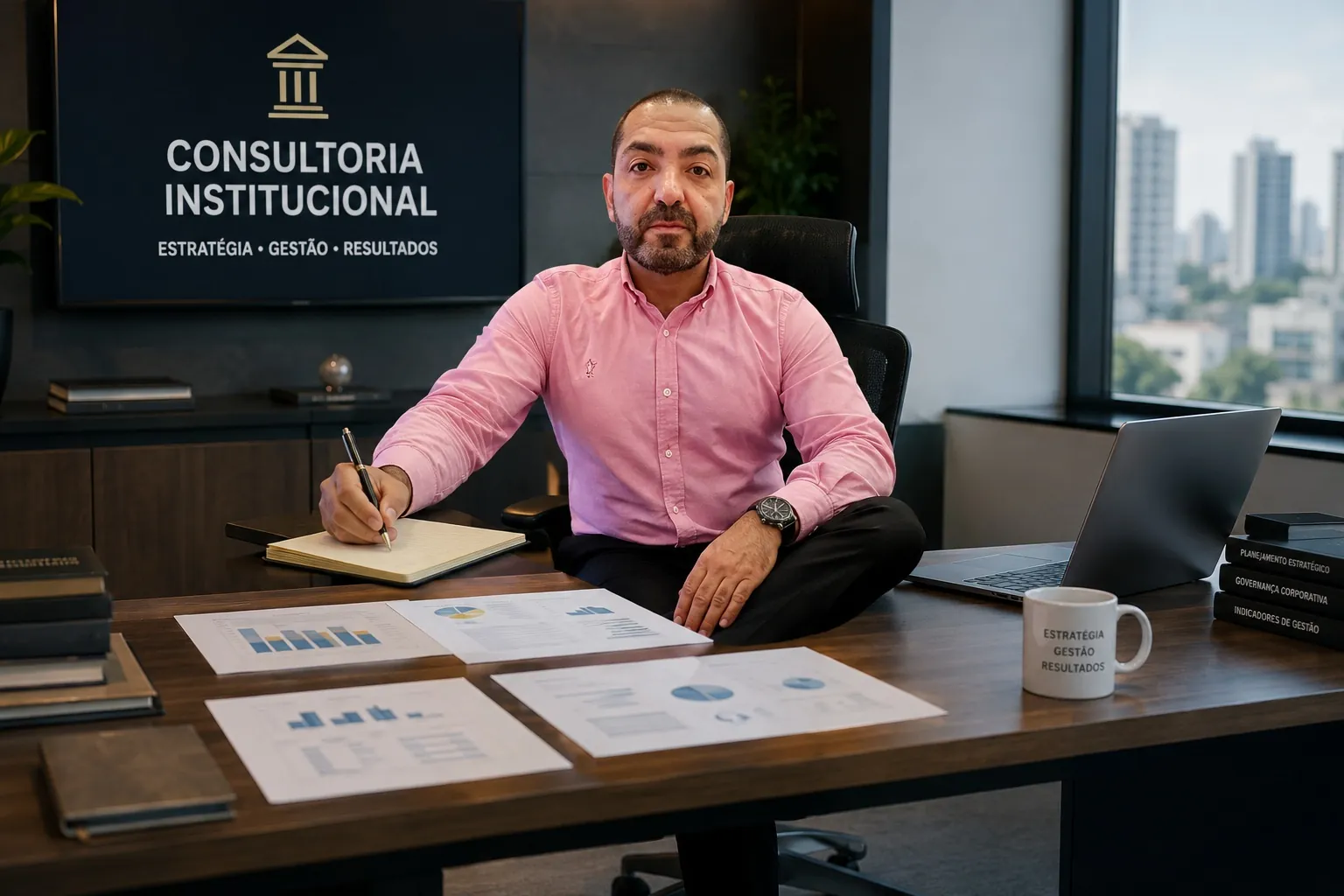 Adm. Fernando Árias em ambiente de consultoria institucional e planejamento estratégico.