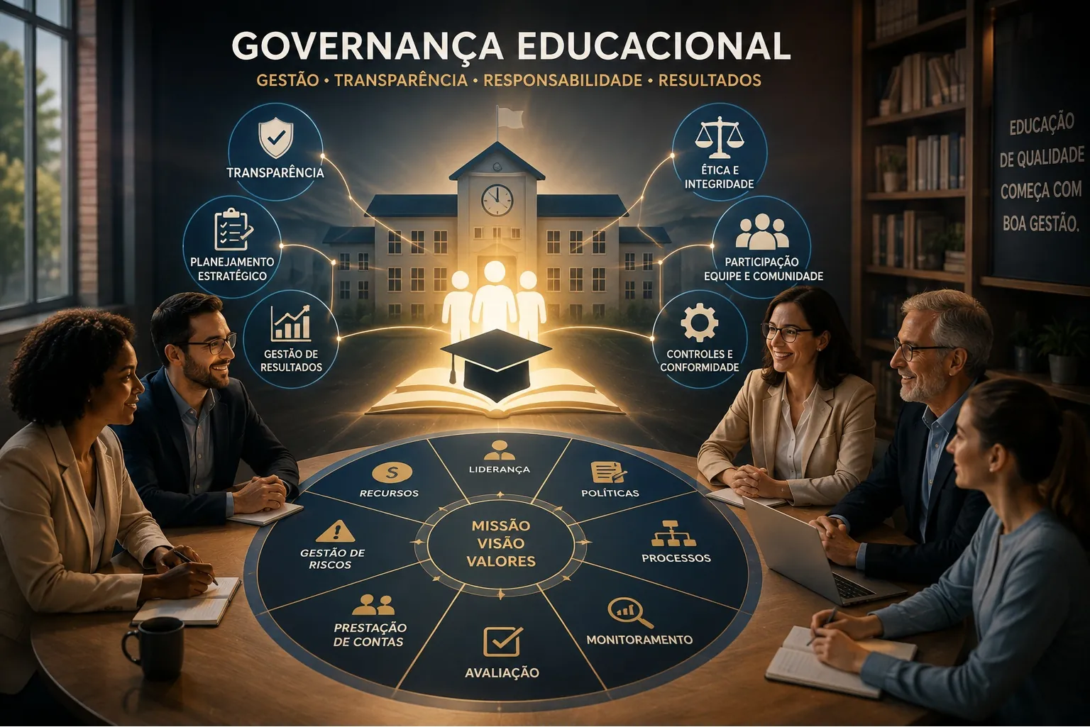 Representação da governança educacional integrada por estratégia, ética, transparência, controles, riscos e participação institucional.