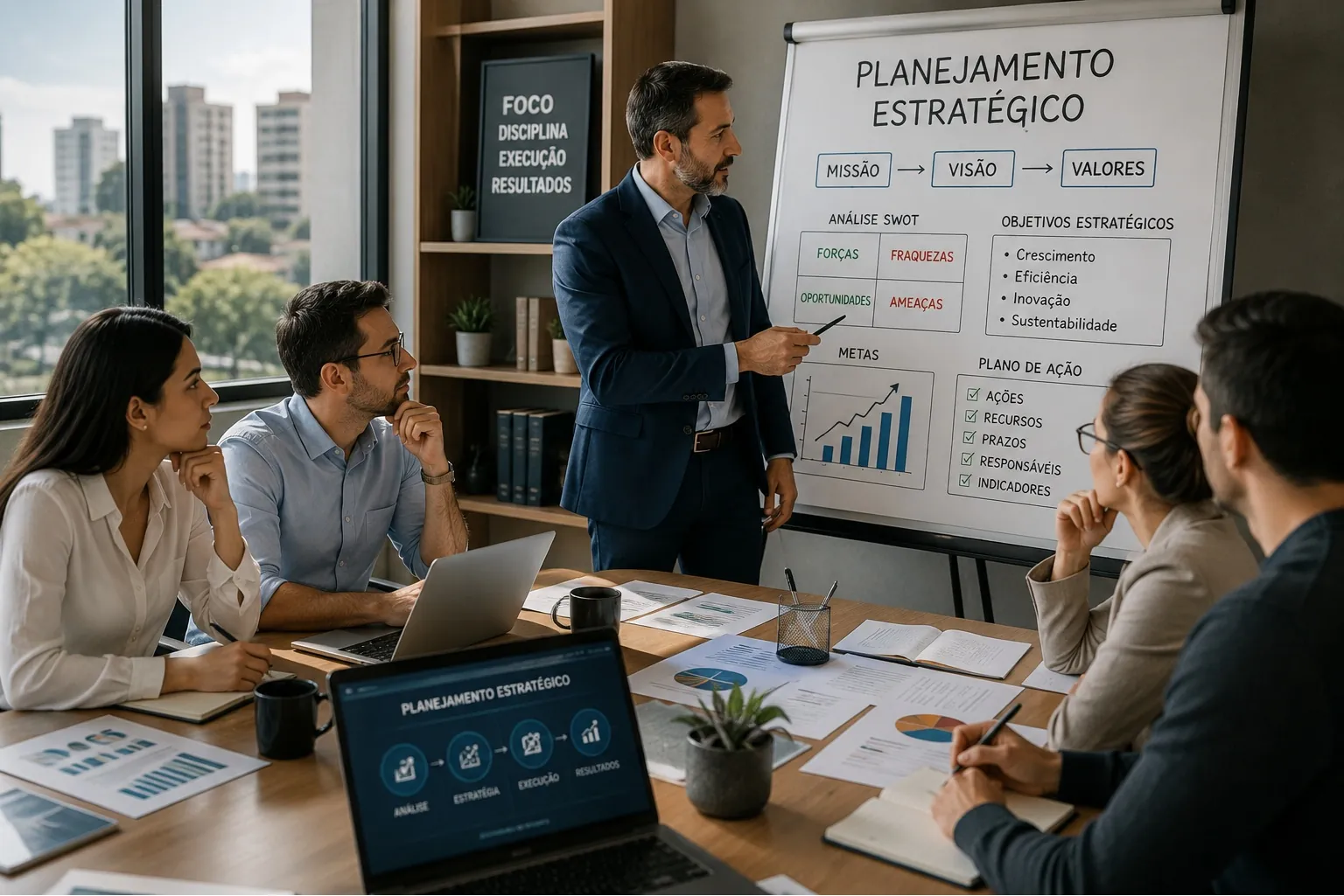 Planejamento estratégico educacional com análise SWOT, objetivos, metas, indicadores e plano de ação.