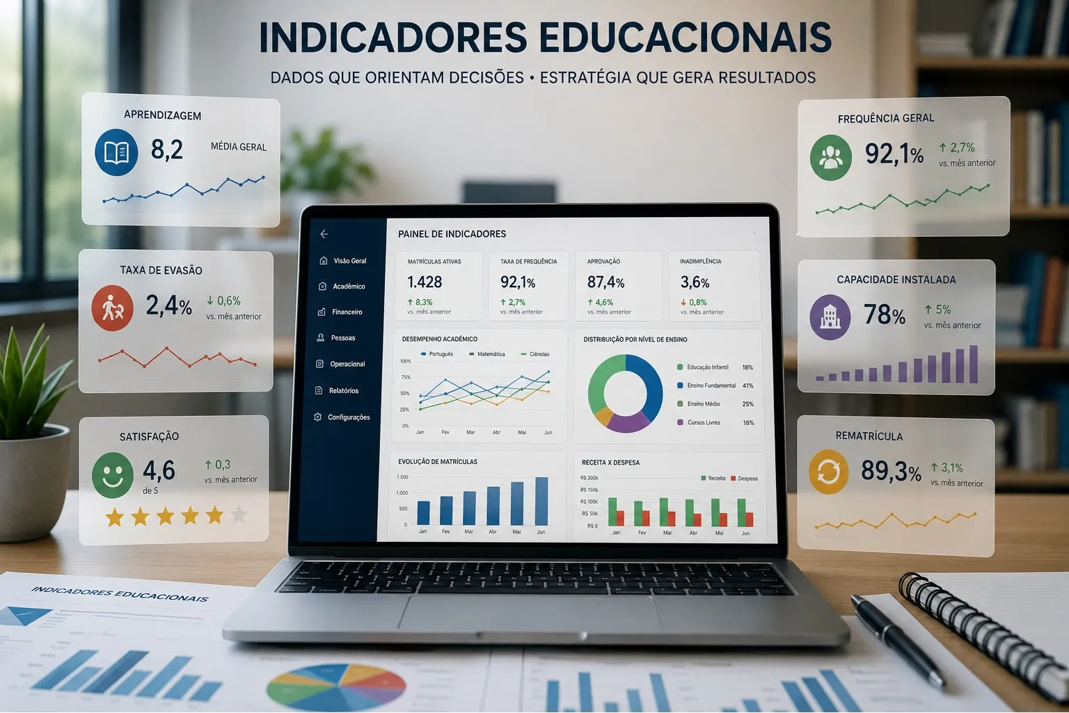 Painel ilustrativo de indicadores educacionais com aprendizagem, frequência, evasão, satisfação, capacidade instalada e rematrícula.